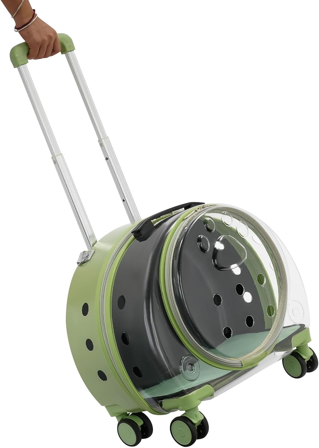 4-Wheel Rolling Cat Carrier, Hard Shell Pet Carrier with Ventilation Holes, Adjustable Handle Cat Travel Carrier, Lightweight Pet Stroller for Airplane, Car, Fits Pets up to 19.8lbs (Green)