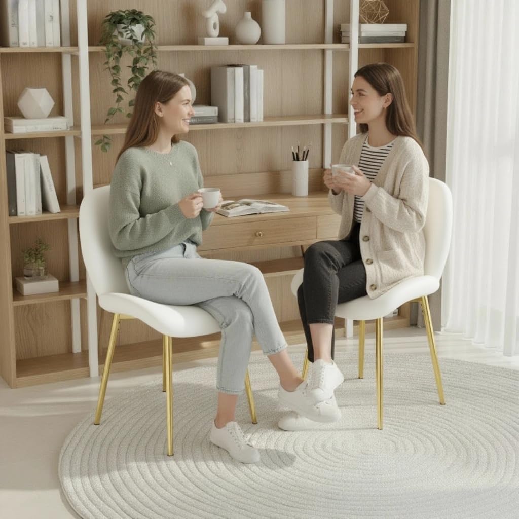 Set of 2 Soft Teddy Velvet Dinner Chairs with Shell-Shaped Back, Stable Metal Legs, Easy Assembly | Perfect for Kitchen, Living Room, Restaurant, Cafe (White)