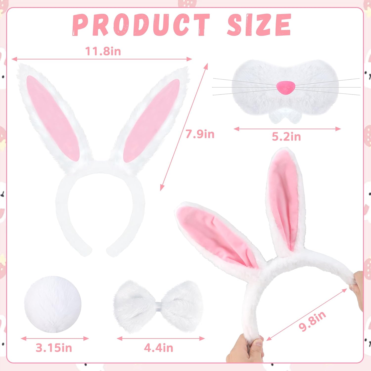 Bunny Ears and Tail Set, Easter Rubbit Ears Hearband, Bowtie, Nose for Adults Women Girls, Halloween Costume Accessories Bunny Dress Up Party Supplies - Image 7