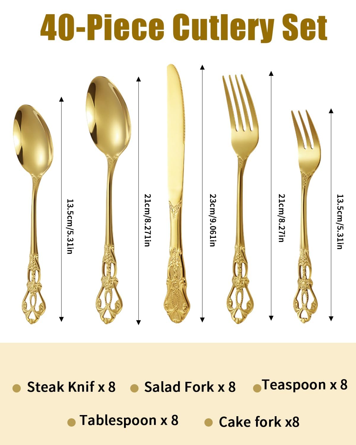 Set de Cubiertos 40 Piezas, Cubiertos Acero Inoxidable, Acabado Pulido Brillante, Juego de Cubertería con Cuchillo, Tenedor, Cuchara, Apto para Lavavajillas,Dorado