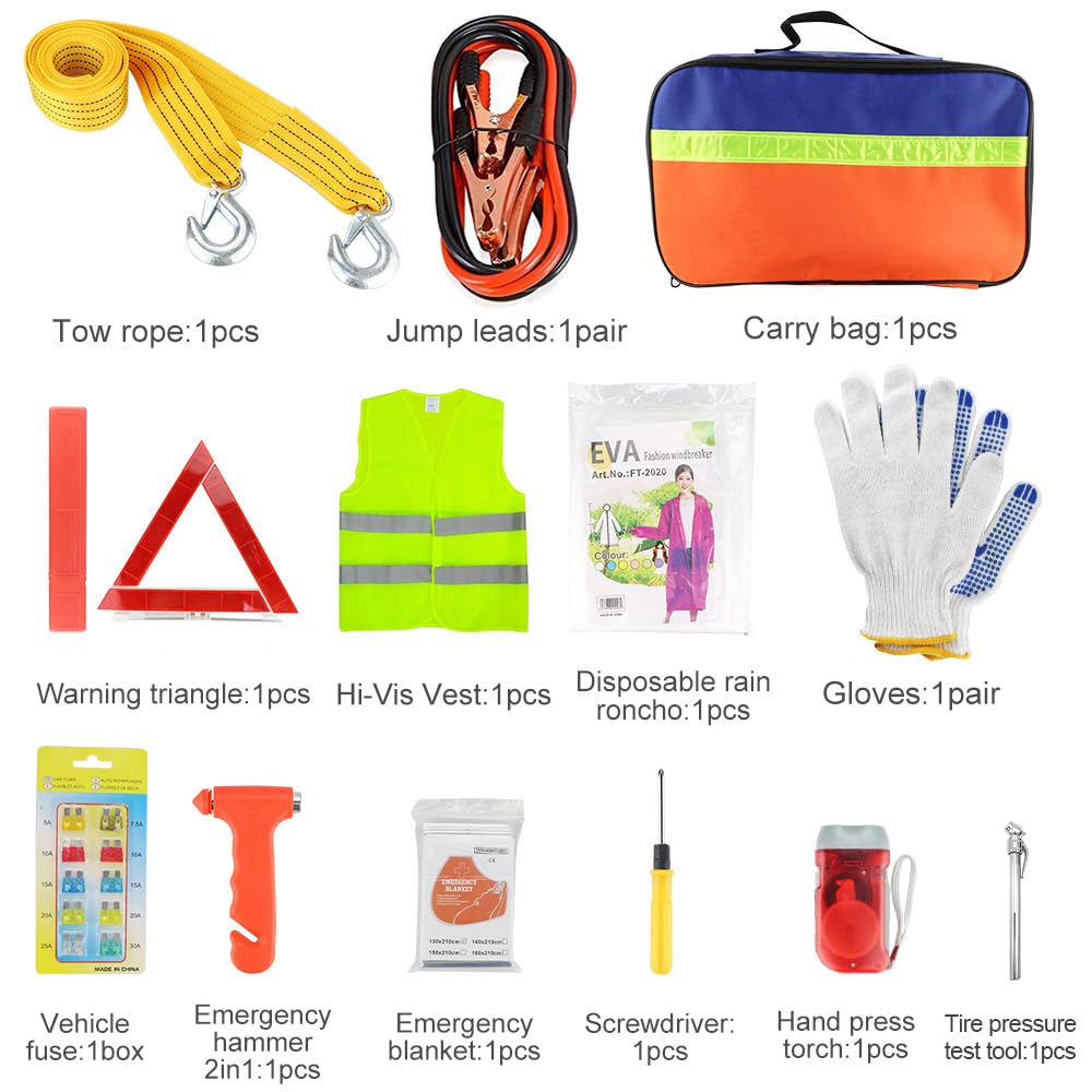 Set di attrezzi di emergenza per auto, 13 in 1, set di attrezzi di sicurezza per i viaggi, con cavi di collegamento, triangolo, giubbotto di avvertimento, corda da traino, martello di sicurezza auto