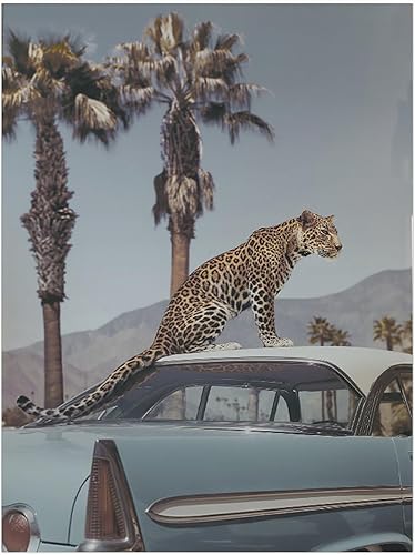 Arte de pared vintage de leopardo junto a la piscina y el automóvil, impresión retro de mediados de siglo sin marco, 16 x 24 pulgadas