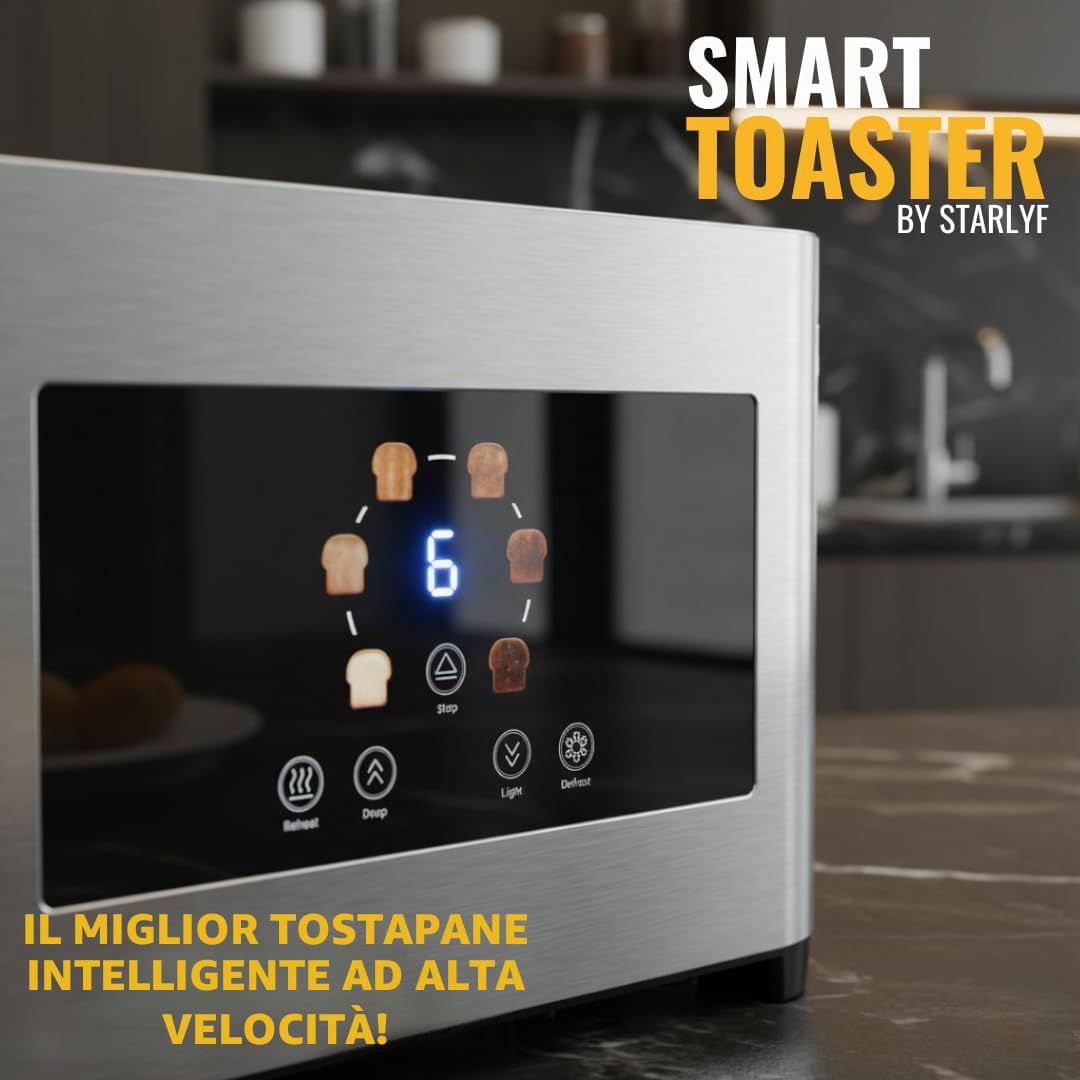 STARLYF Smart Toaster – Tostapane 2 Fette con Touch Screen LED – Slot Extra Large per Pane Spesso e Toast – 6 Livelli di Doratura – Funzioni Scongelamento, Riscaldamento e Stop – Acciaio Inossidabile