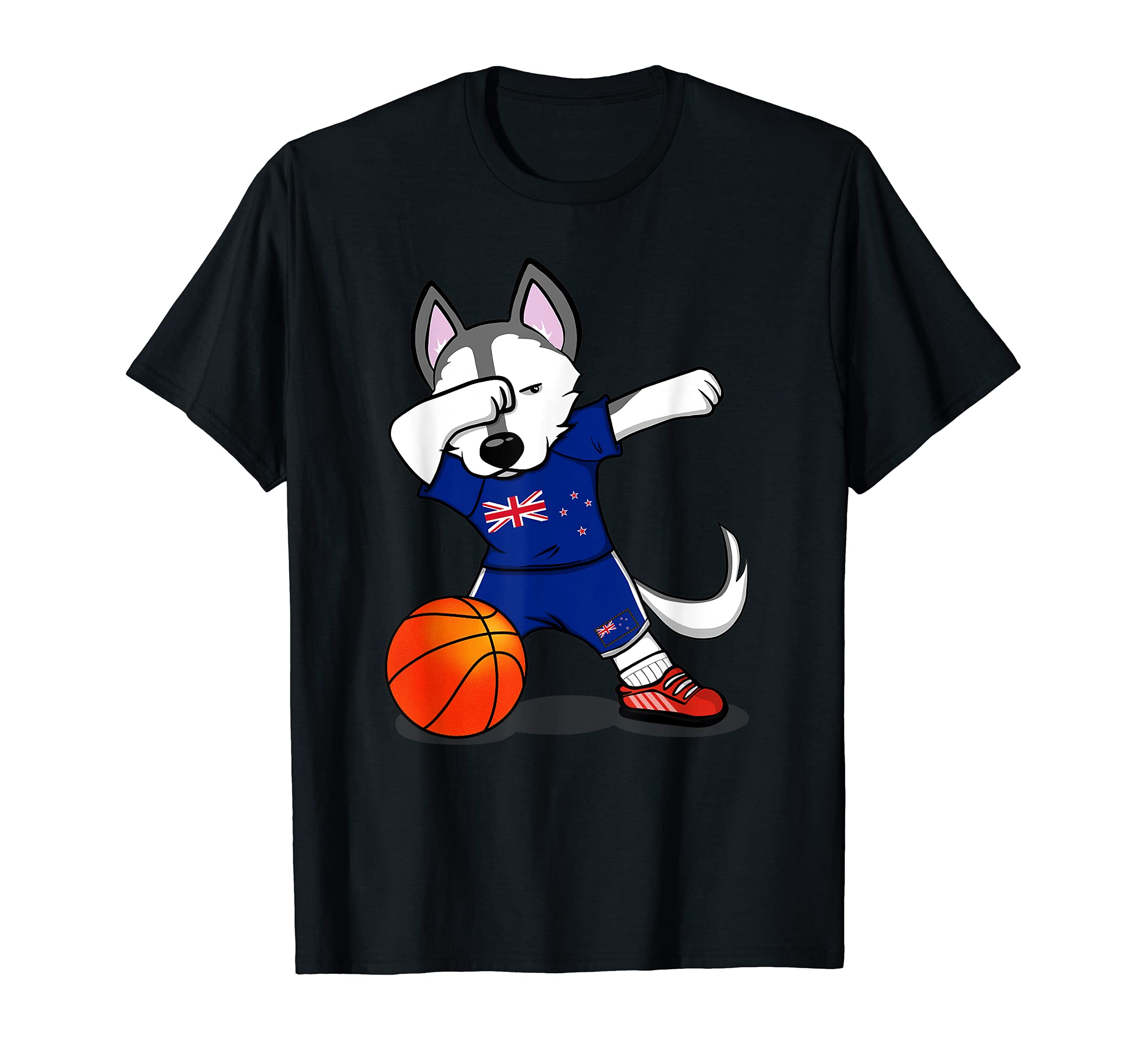 Dabbing Husky Dog New Zealand Basketball Fans Jersey Flag T-Shirt, Black