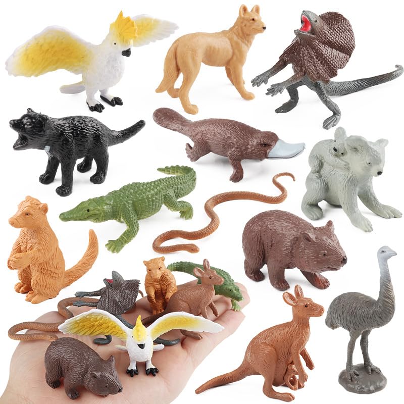 AENIMELY Mini Figurines d'animaux australiens 12 pièces - réalistes avec Kangourou, Koala, Dingo - Jouets éducatifs pour Enfants, décorations de gâteaux,...