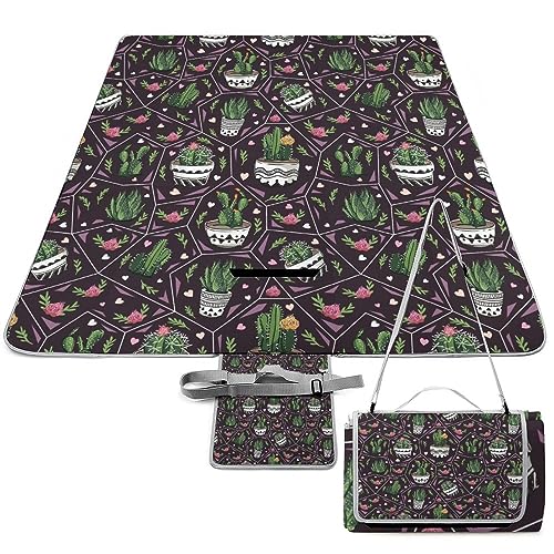 Succulents-Cactus Texture Picnic Blanket Waterproof Foldable, Large Outdoor Picnic Blanket Beach Blankets Camping Blanket Travel Mat, Shoulder Strap Tote, Rectangle 58x58in