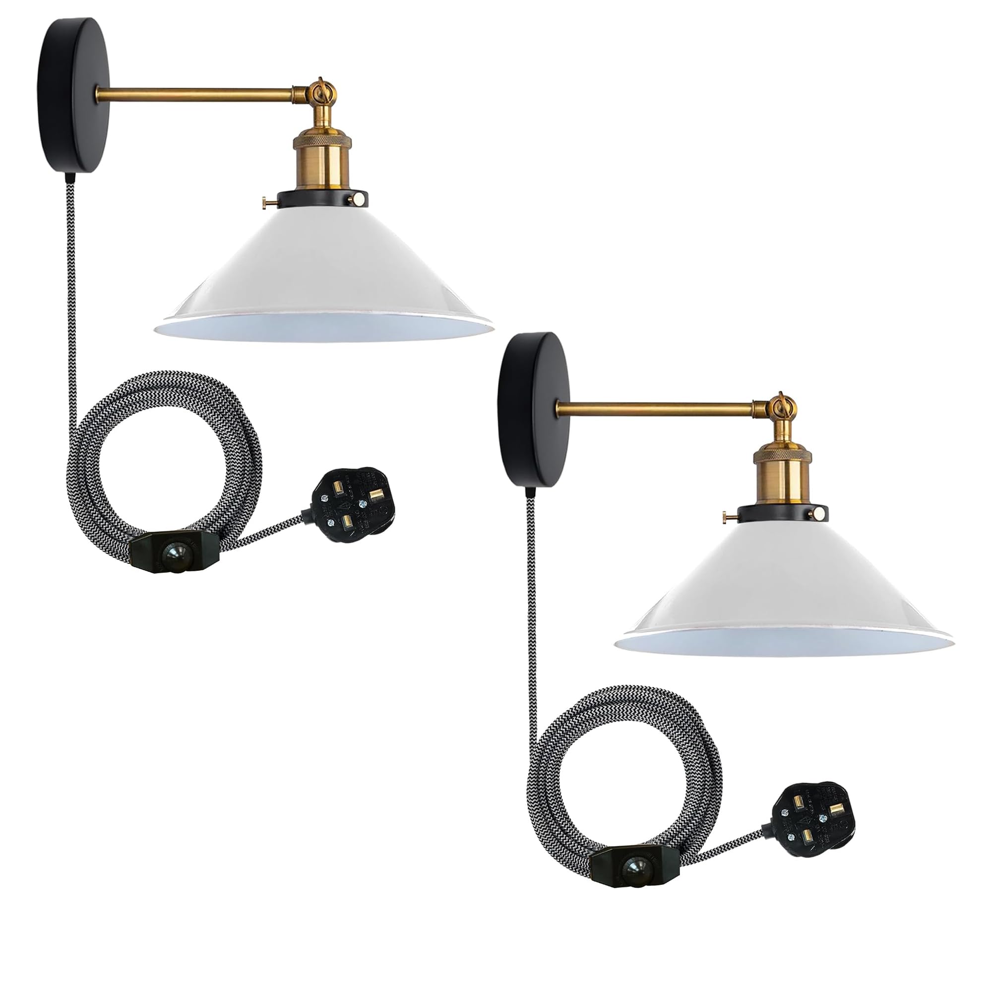 LEDSone 2 Pack of Retro Industrial Plug-in Wall Light Metal Cone Shape Shade Indoor Light Fitting 2m Cable with on/Off Dimmer Switch for Bedroom Hallway Restaurants (White 2 Pack, Without Bulb) โ image 1