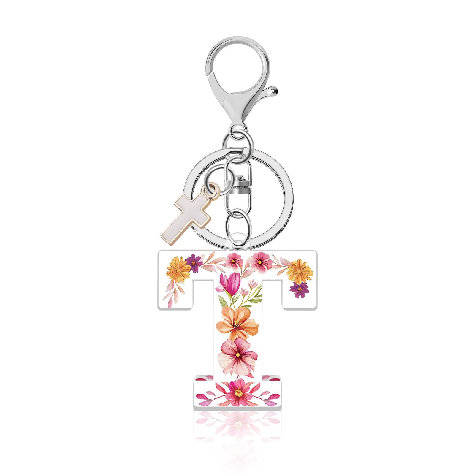 Initial Letter Keychain with Cross Pendant, A-Z Alphabet Car Key Chains, Monogram Keyring for Purse Bag Charm