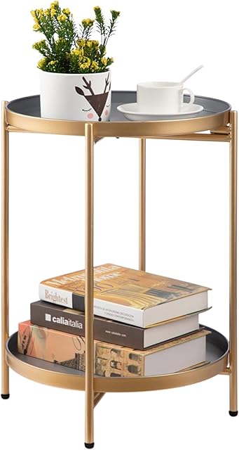 HollyHOME Round Side Table Metal End Table, 2-Tier Tray Snack Table Coffee Table Tea Table Nightstand Sofa Table for Living Room Bedroom Balcony Patio, Grey&Gold