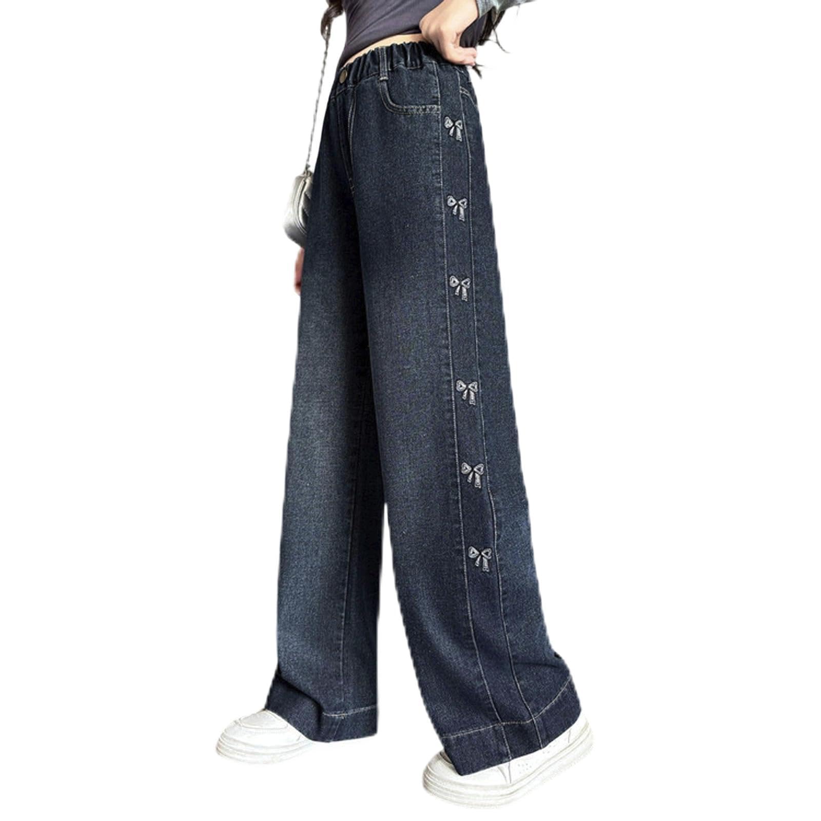 Vaqueros Niña 5-15 Años Anchos Rectos Forro Polar Pantalon Vaquero Adolescentes Chica Elasticos Talle Alto Lazo Vintage Y2K Jeans Pantalones Vaqueros Cargo Denim Baggy Grueso Invierno