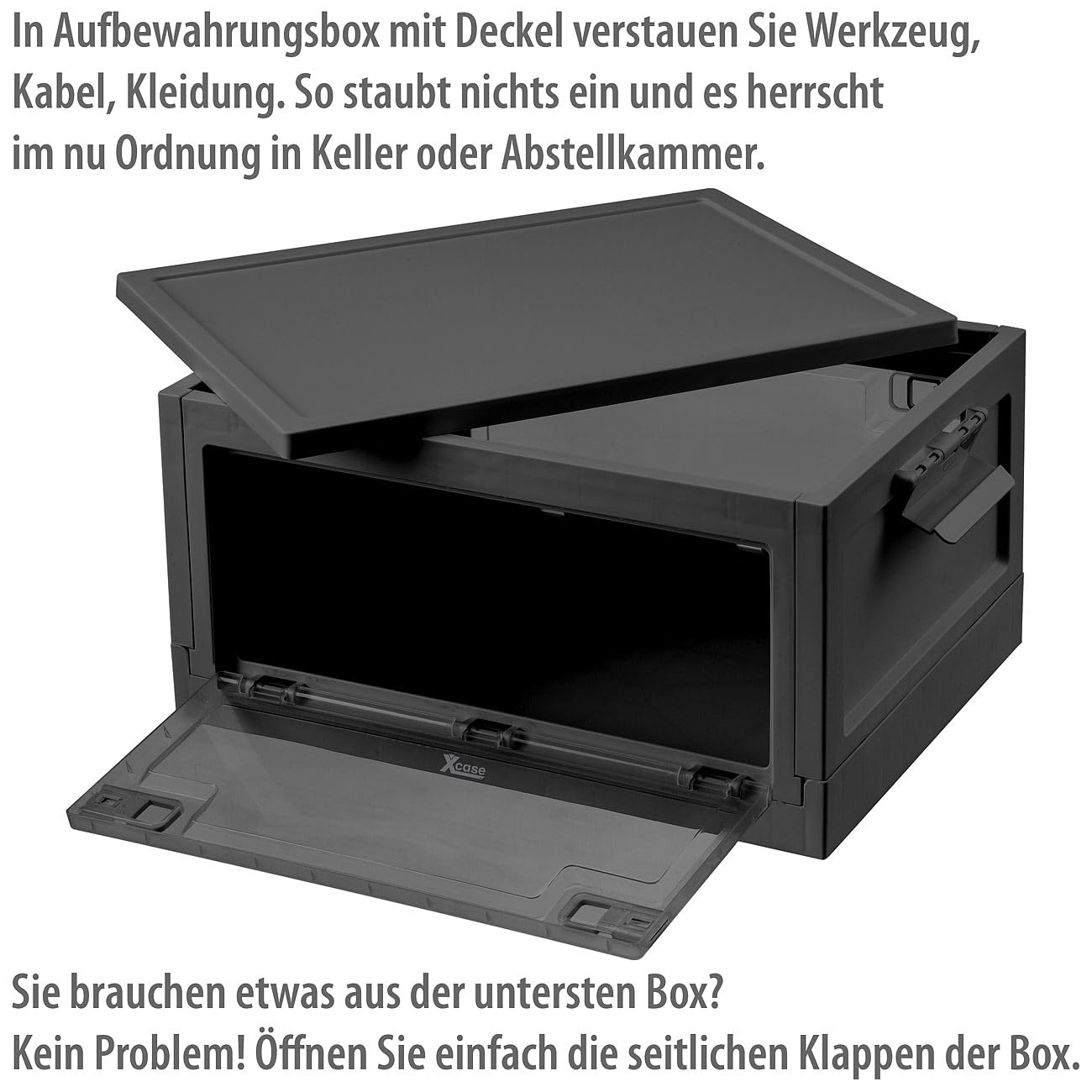Xcase Stapelboxen mit Deckel: 4er-Set Faltbare Aufbewahrungsboxen mit Deckel, 4 Rollen, 45l, schwarz (Boxen mit Kunststoff, Kunststoffboxen mit)