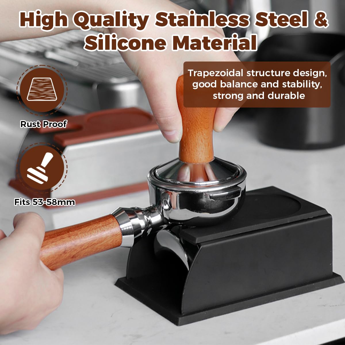 Porta Pressino caffè Tamper Station (Nero, 14 x 9.1 x 5.5 cm) | Supporto per Pressino per Caffè Espresso 58mm, Acciaio Inox Silicone, Antiscivolo, per Barista, Caffetteria, Cucina, Casa