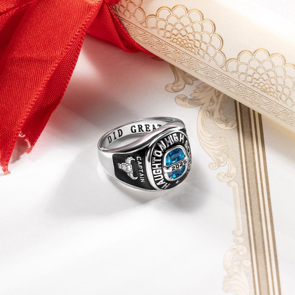 Anillo de clase cuadrado personalizado con símbolo de logotipo personalizado para hombres y mujeres, con texto personalizado, piedra natal, anillo de graduación universitaria para ella, anillo de