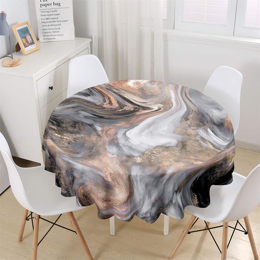 Chickwin Modern Round Tablecloth Marbling Pattern Waterproof Dust-Proof Polyester Fabric Outdoor Table Cloth Wipe Clean Table Cover Kitchen Garden Round Tabletop Decor (Brown,180cm)