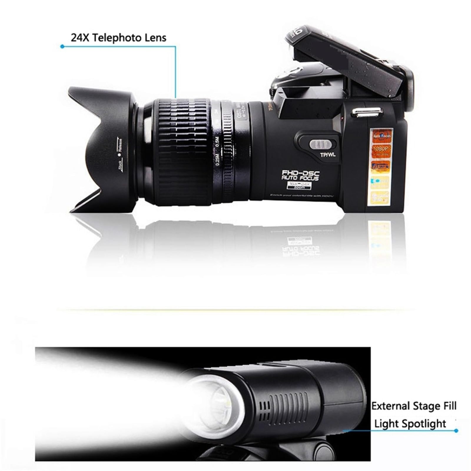 24-krotny Zoom Optyczny Aparaty Cyfrowe Do Fotografii Automatyczne Ustawianie Ostrości 33MP Lustrzanka Cyfrowa DSLR 1080P HD Kamera Wideo 3 Zestaw Obiektywów(16G SD Card,No Flashlight)