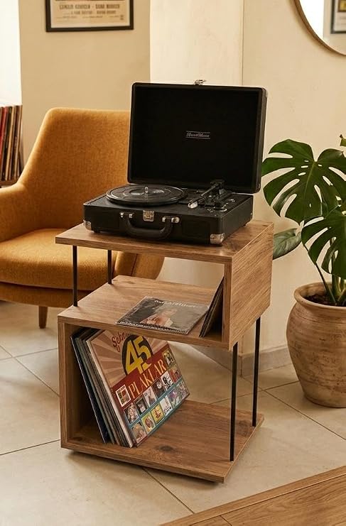Zeus 45x35x63cm Pikap Sehpası, Plak Düzenleyici, Plak Rafı, Dekoratif Yan Sehpa İki Katlı Sehpa Atlantik Çam