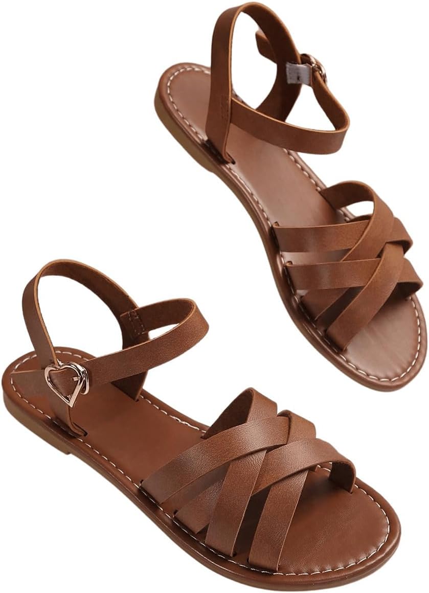 Verdusa Women’s Crisscross Strappy Leather Sandals Summer Open Toe Roman Flat Sandals