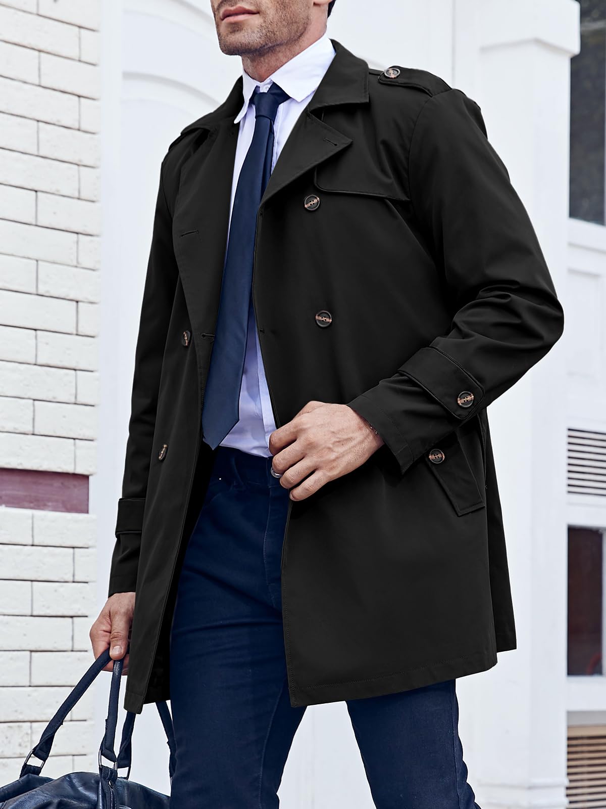 Runcati Trench pour homme Coupe ajustée Double boutonnage Manteau mi-long classique Business Casual Manteau automne coupe-vent