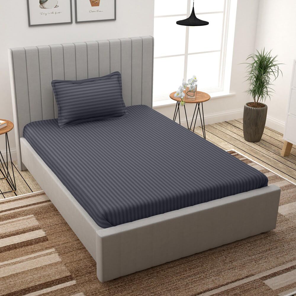 Roman. Cotton 78x36 inch Single Fitted Satin Stripe Elastic Fitted Bedsheet | Single Bed Size Daily use Fitted Bedspread with 1 Pillow Cover (78"x36" | 6.5x3 feet,Dark Grey)-image-35