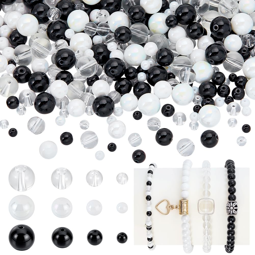 PH PandaHall 765pcs Black White Round Glass Beads 4/6/8/10mm Craft Beads for Bracelet Neckalce Jewellery Making Assorted Goth Bead Bulk for Punk Style Halloween Christmas Home Decorations