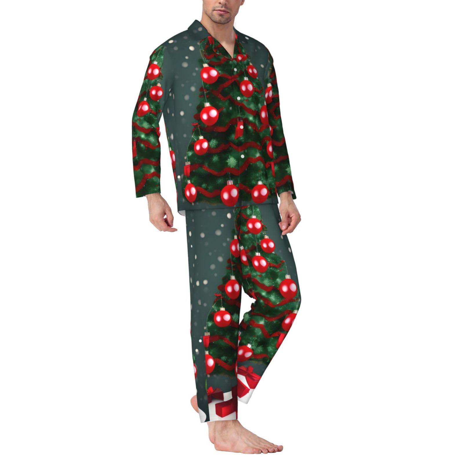 Herren-Pyjama-Set mit Weihnachtsbaum- und Ball-Aufdruck, langärmelig, zweiteilig, Hauskleidung, bequeme Nachtwäsche