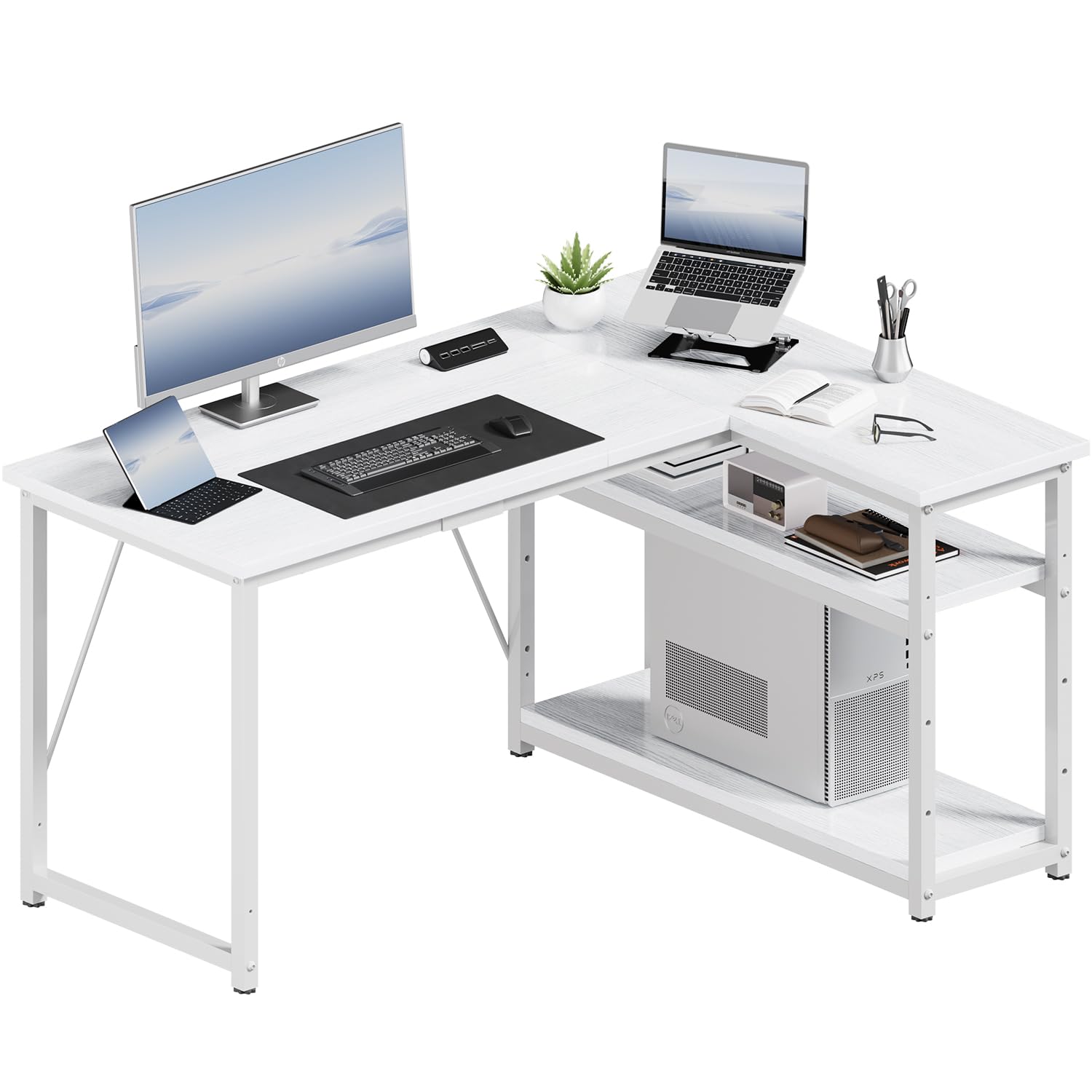 JUMMICO Small 120x80cm L-Shaped Corner Desk with Storage,Compact Corner Computer Desk for Home Office, White