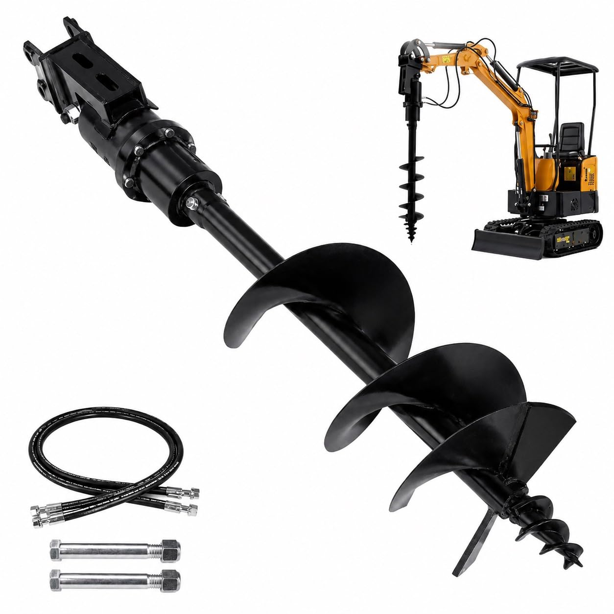 Hydraulischer Erdbohrer 200mm für Minibagger, Bohr-Aufsatz für Bagger 0,8–2 Tonnen, mit 2 Hydraulikschläuchen und Bolzen für Bodenbohren und Erdarbeiten