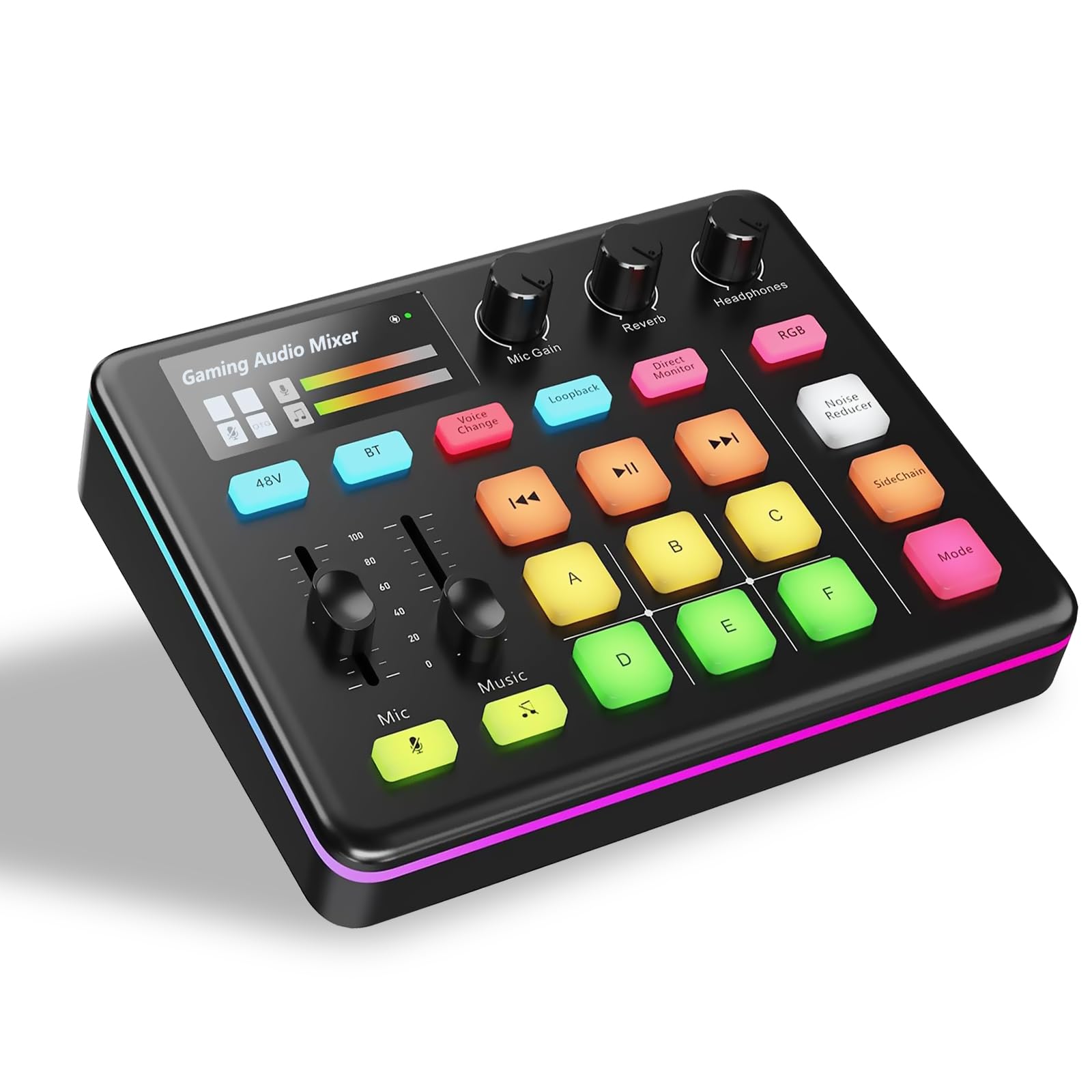 Mezclador de Audio, RGB Streaming Gaming Audio Mixer con Interfaz de XLR, Alimentación Phantom de 48V, Mezclador de Audio para Juegos para Transmisión en Vivo, Podcasting, Creación de Contenido