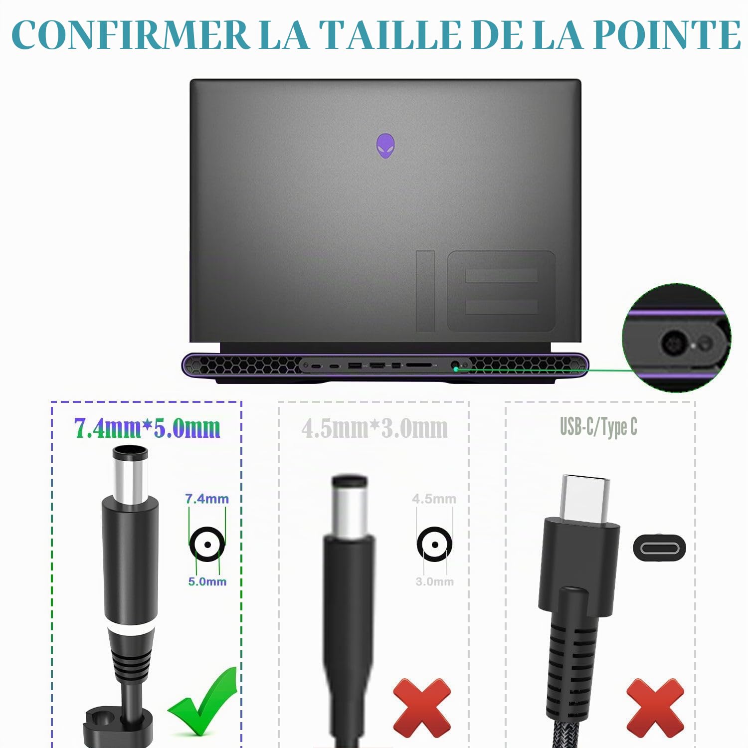 Chargeur 330W 19.5V 16.92A Slim GaN AC pour Dell Alienware X51 X17 R1 R2 M17 R3 R4 M18x P45E P48E ADP-330AB D 330PM1 11 DA330PM190 LA330PM1190PM1190PM1190PM1190PM11190PM110 90 - Câble alimentation