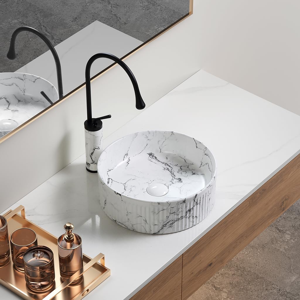 Modern Round Bathroom Vessel Sink Bowl with Pull-out Faucet, 14.5 Inch Ceramic Countertop Vanity Sink Farmhouse Style Porcelain Above Counter Art Basin, Marble-effect Pattern