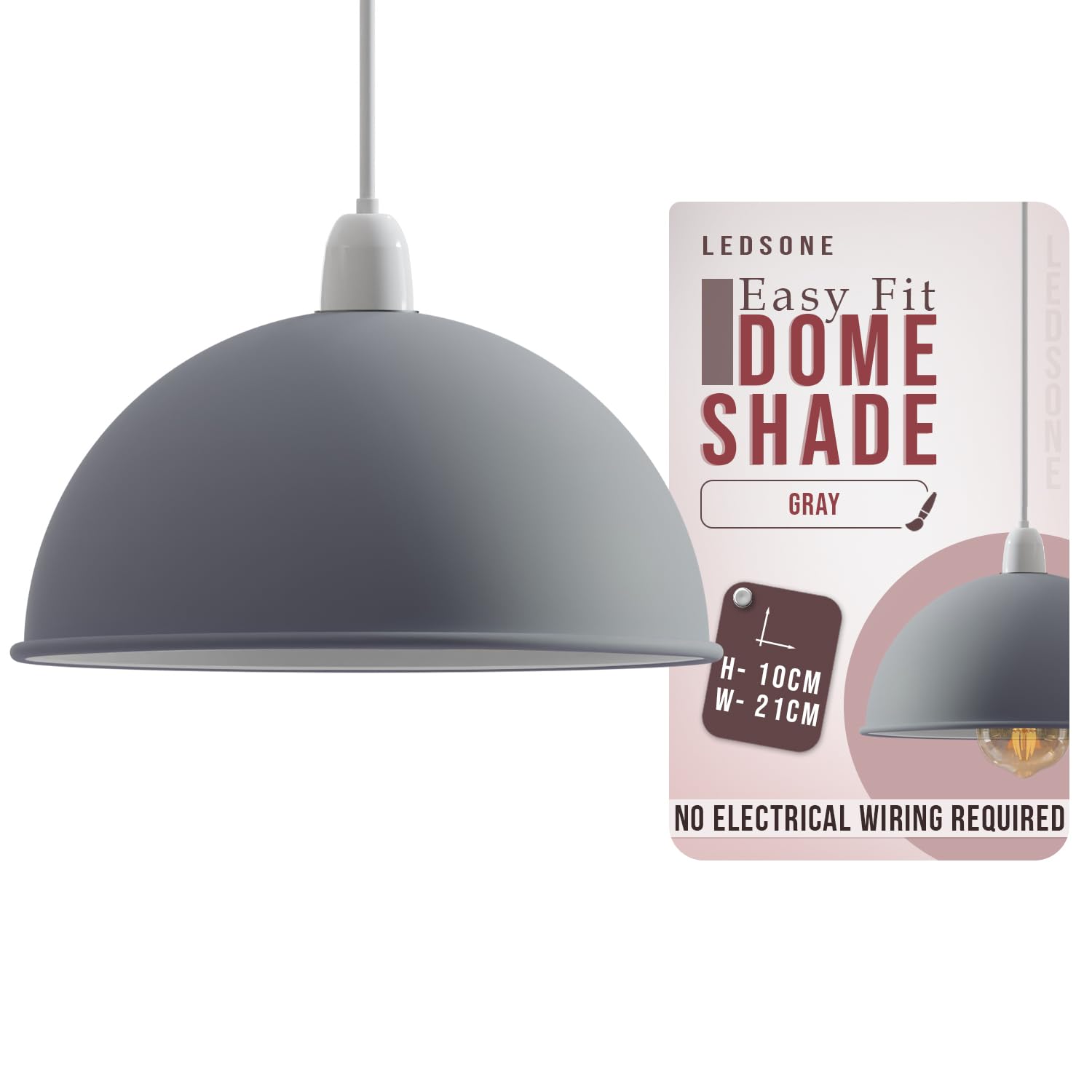 Ledsone Grey Modern Dome Pendant Lamp Shade – 21Cm Industrial Metal Ceiling Light Shade Easy Fit For Kitchen, Bedroom, Living Room, Dining Room, Hallway, Restaurant And Café