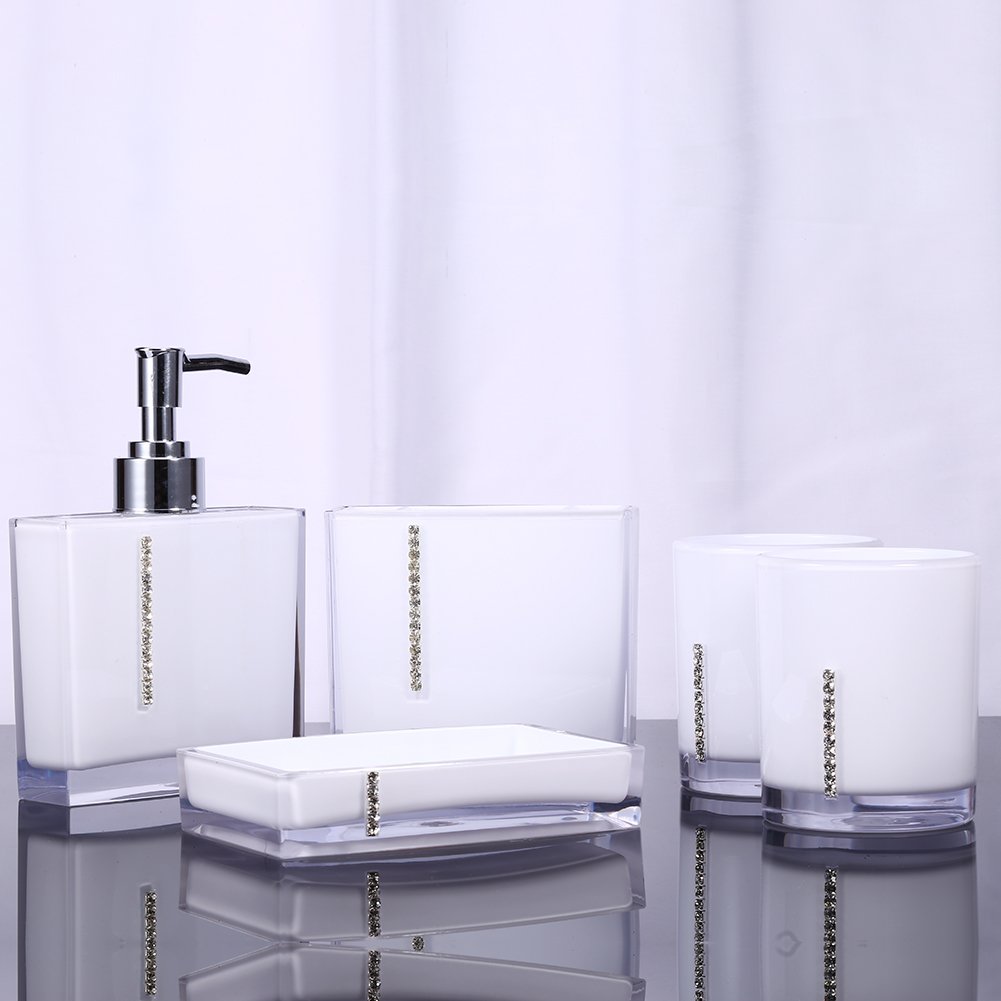 Juego De Accesorios De Baño, Juego De Accesorios De Baño Blanco, 5 Piezas De Acrílico, Taza De Baño, Soporte Para Cepillo De Dientes, Jabonera, Linda Decoración De Baño, Tocador De Baño Moderno, Decor