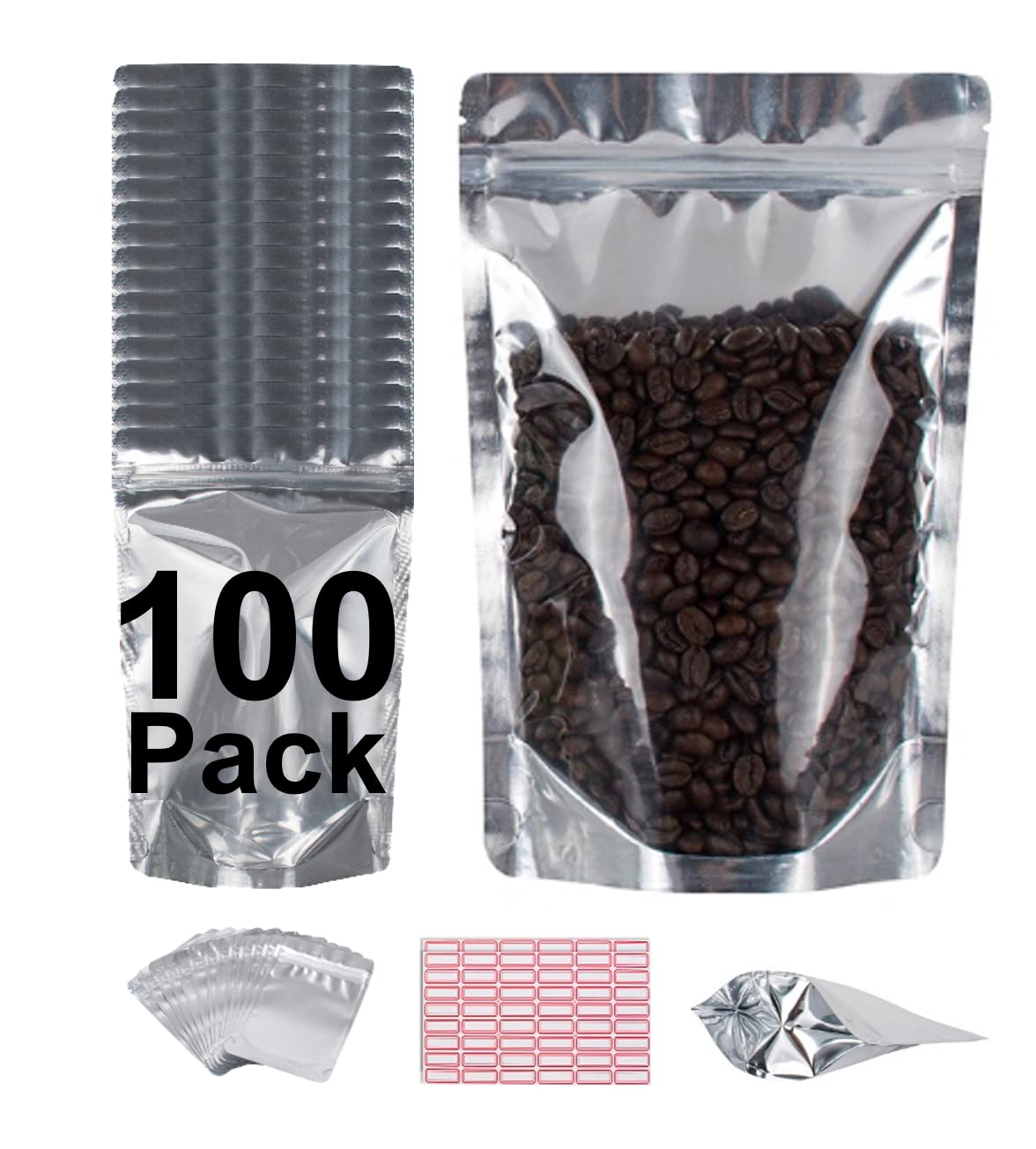BELLE KR® Mylar Bags for Food Storage with 7.5mil Thickness - Pack Of 100 (6"x9") Self-Stand-up Clear Mylar Ziplock Bags with Label Stickers -Resealable Bags for Packaging