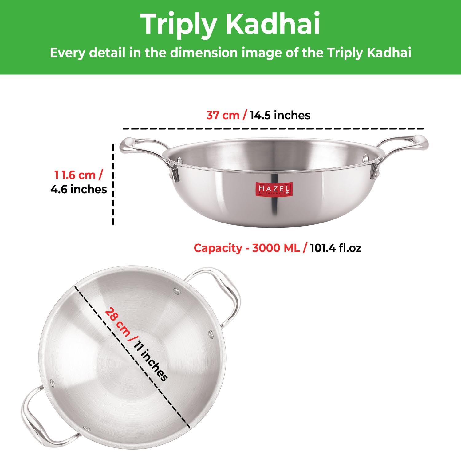 HAZEL Triply Stainless Steel Induction Bottom Kadhai, 3 Litre, 26.8 cm - Image 3 thumbnail