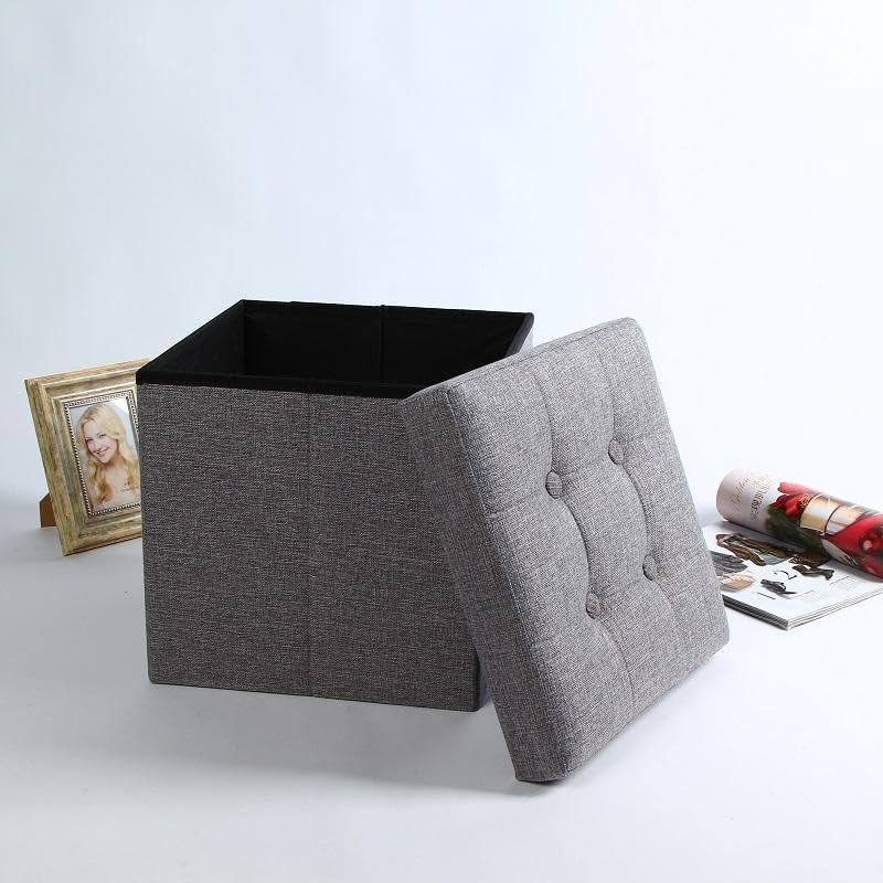 Image of 15 Inches Ottoman Storage Bench. Folding Chest with Breathable Linen-Look Fabric, Load up to 330 lb, for Entryway, Living Room, Bedroom, Dark Gray