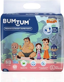 Bumtum Chota Bheem New Born Baby Diaper Pants, 60 Count, Leakage Protection Infused With Aloe Vera, Cottony Soft High Absorb Technology (Pack of 1)