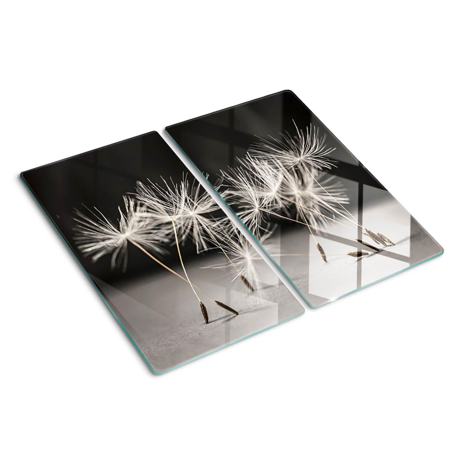 Planche à Découper en Verre Trempé 2x30x52 cm Décoration Avec Impression Contact Alimentaire Bords Polis Résistant à la Chaleur Pieds Antidérapants Modernité Symétrique - Graines de pissenlit