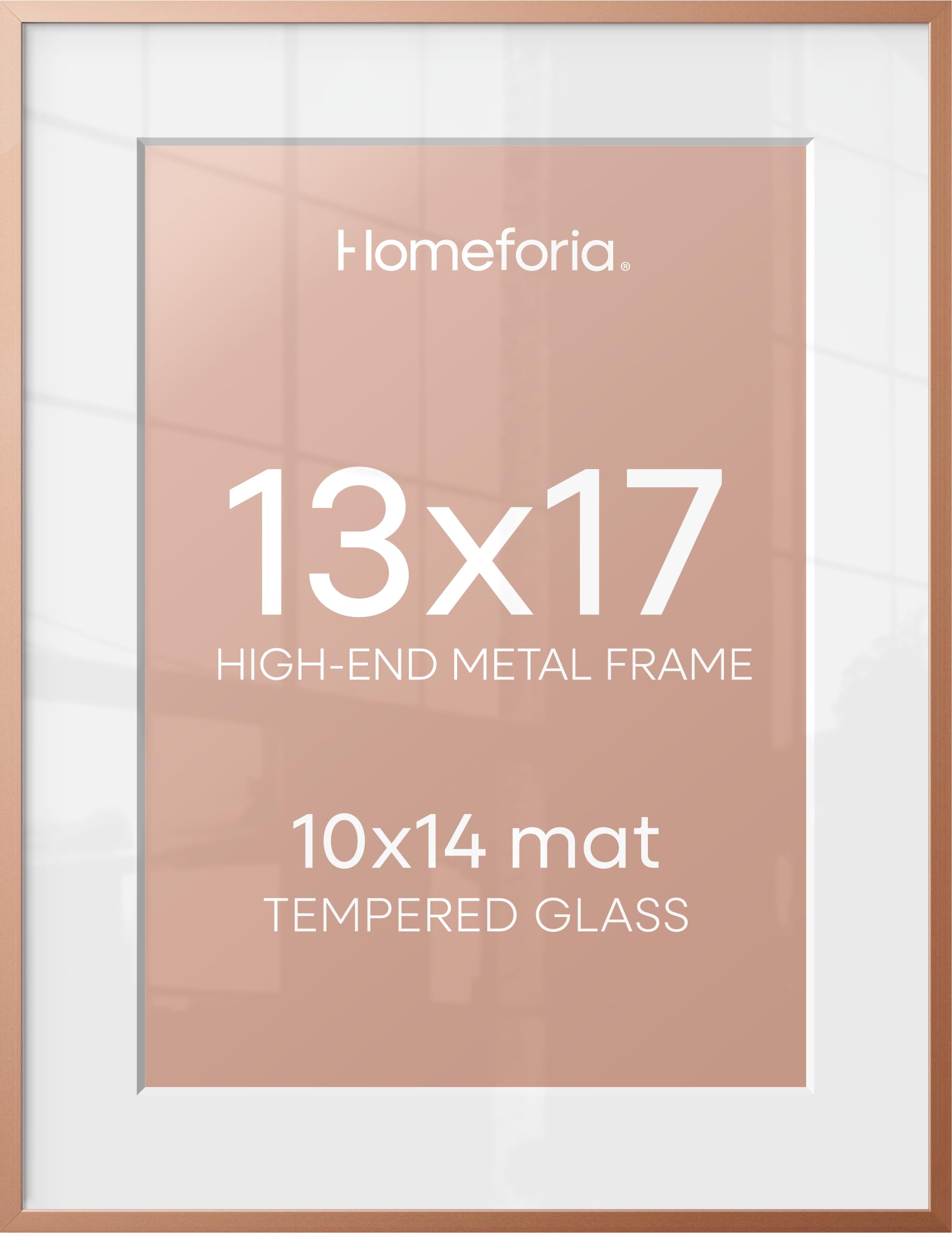 Homeforia 13x17 Rose Picture Frame, High-End Metal, 10x14 Mat, Glass | High End Aluminum, Tempered Glass, Acid-Free 10x14 Removable Mat, 13x17 in Edge-to-Edge Display 17x13, Wall Kit, Set Of 1