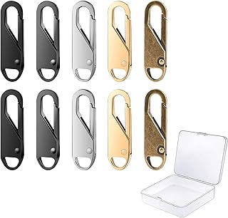 Zipper Pull Tab Kit Zipper Pull Replacement,Metal Zipper Pulls for Purses,Handbags,Luggage,Backpacks,Coats,Detachable Zipper for Sewing,with Small Storage Box(10+1 Pcs,Black,Silver,Gold,Bronze,Grey)