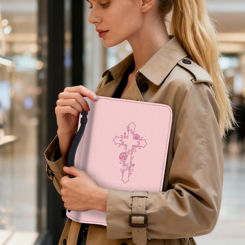 1 grande housse de Bible en cuir synthétique avec marque-page - Étui de transport pour homme et femme - Accessoires de transport, rose, Croix et fleurs
