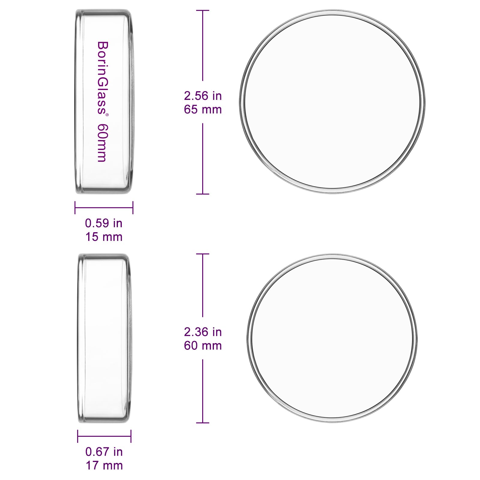 Platos de Petri de vidrio borosilicato 60 mm, paquete de 5, laboratorio