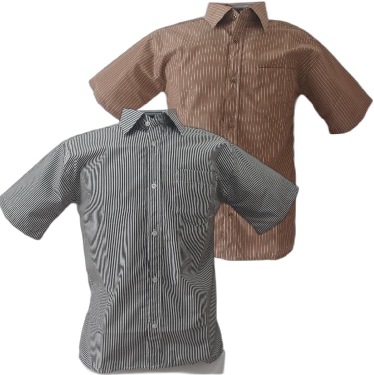 Camisa Social Masculina Listrada, Manga Curta, com Bolso, Azul e Telha, 2 Peças