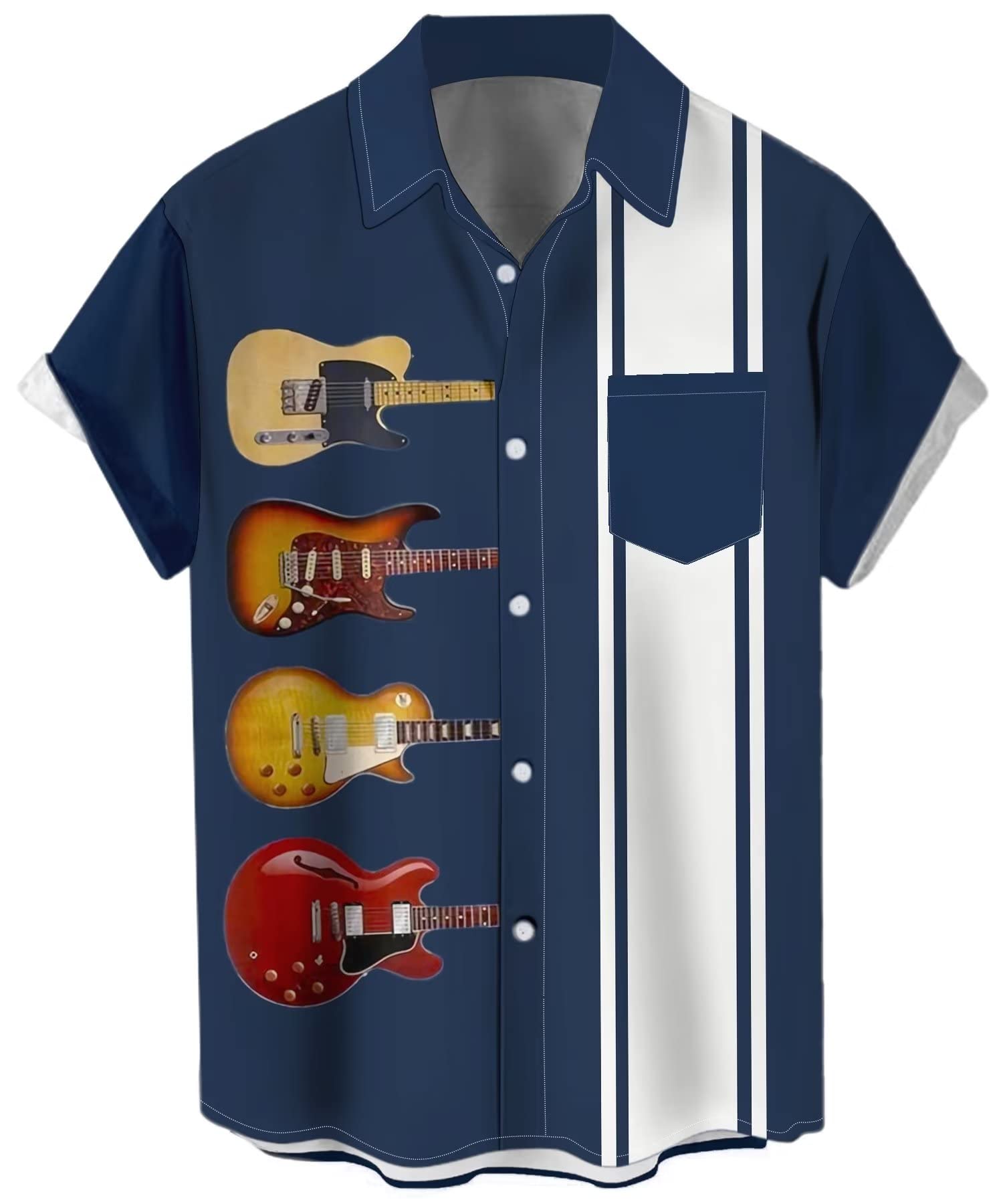 Men's Vintage Bowling Shirt 1950s Retro Rockabilly Style Short Sleeve Button Down Music Hawaiian Shirts, Guitar-4 Styles, 3XL