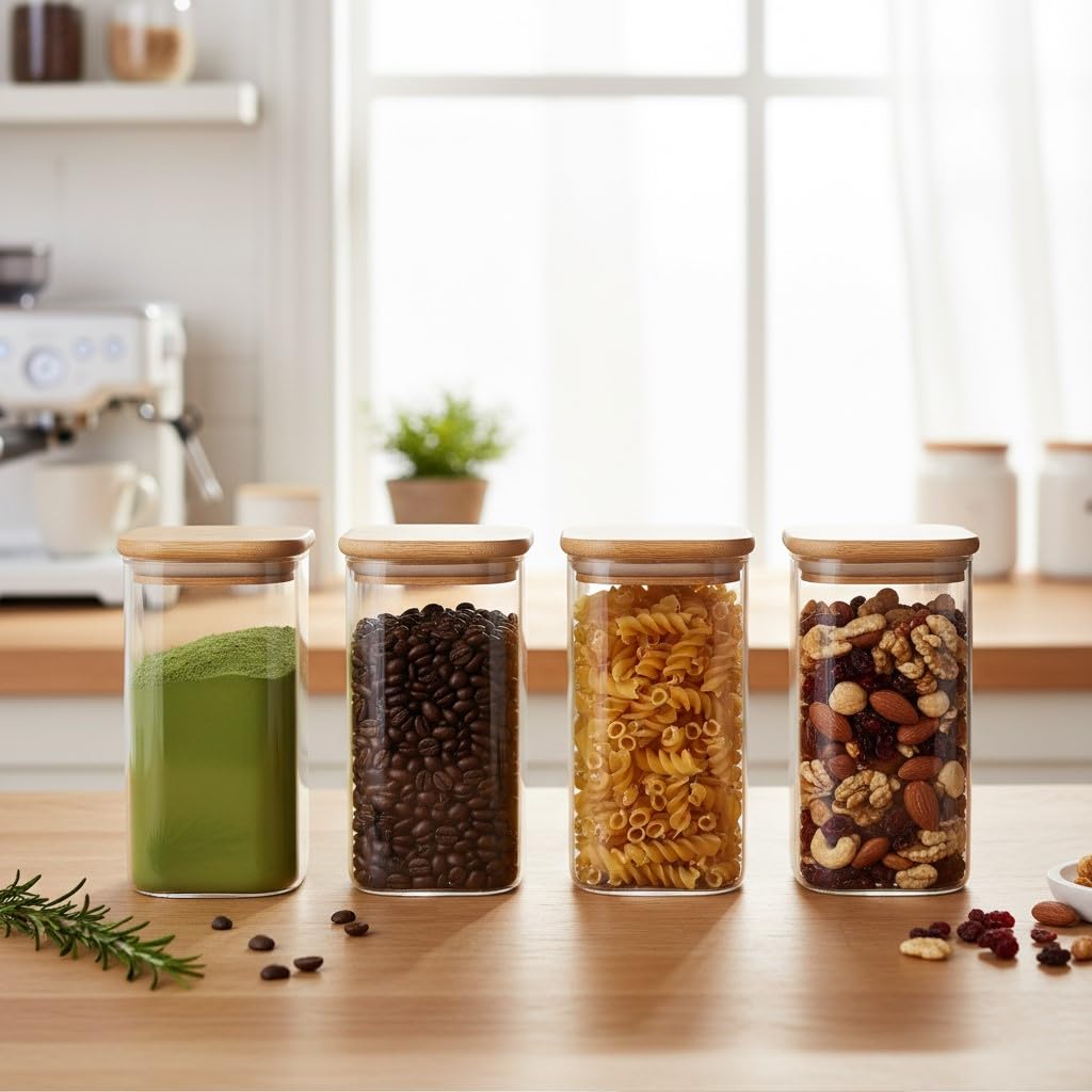 Femora Kitchen Storage Jars Borosilicate Glass Jar with Wooden Lid Air Tight Jar, 700 ML, Pack of 4,Transparent