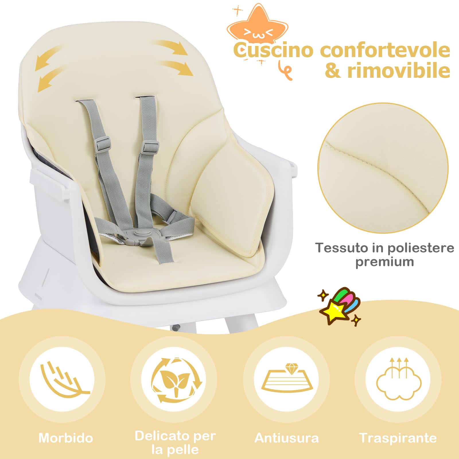 RELAX4LIFE 6 en 1 Trona Bebé con Arnes de 5 Puntos y Cojín Desmontables, Tronas de Bebe Portátil con Bandeja Ajustable y Extraíble, Mesa y Silla Infantil para Niños 6+ Meses, Carga 25kg (Beige)