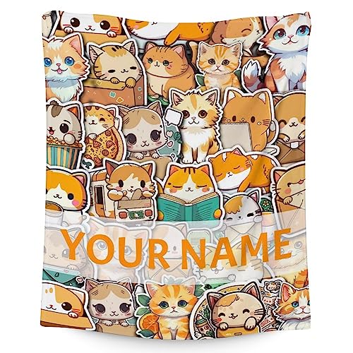 Personalized Cat Blanket Gifts with Name - 60"x80" Cute Throw for Kids & Adults - Yellow Soft Fuzzy Blankets for Bed, Couch & Living Room