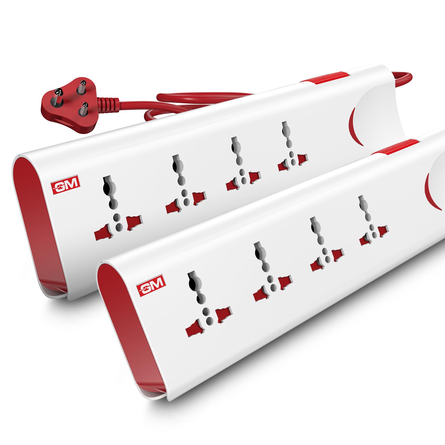 GM 3060 E - Book 4 + 1 Power Strip with Master Switch, Electrical Multiple Plug Socket, Power Indicator, Safety Shutter, 4 International Sockets, Extension Board Suitable for Gadgets like TV Mobile Phone Laptop Camera Gaming Devices (Red and White) - Pack of 2