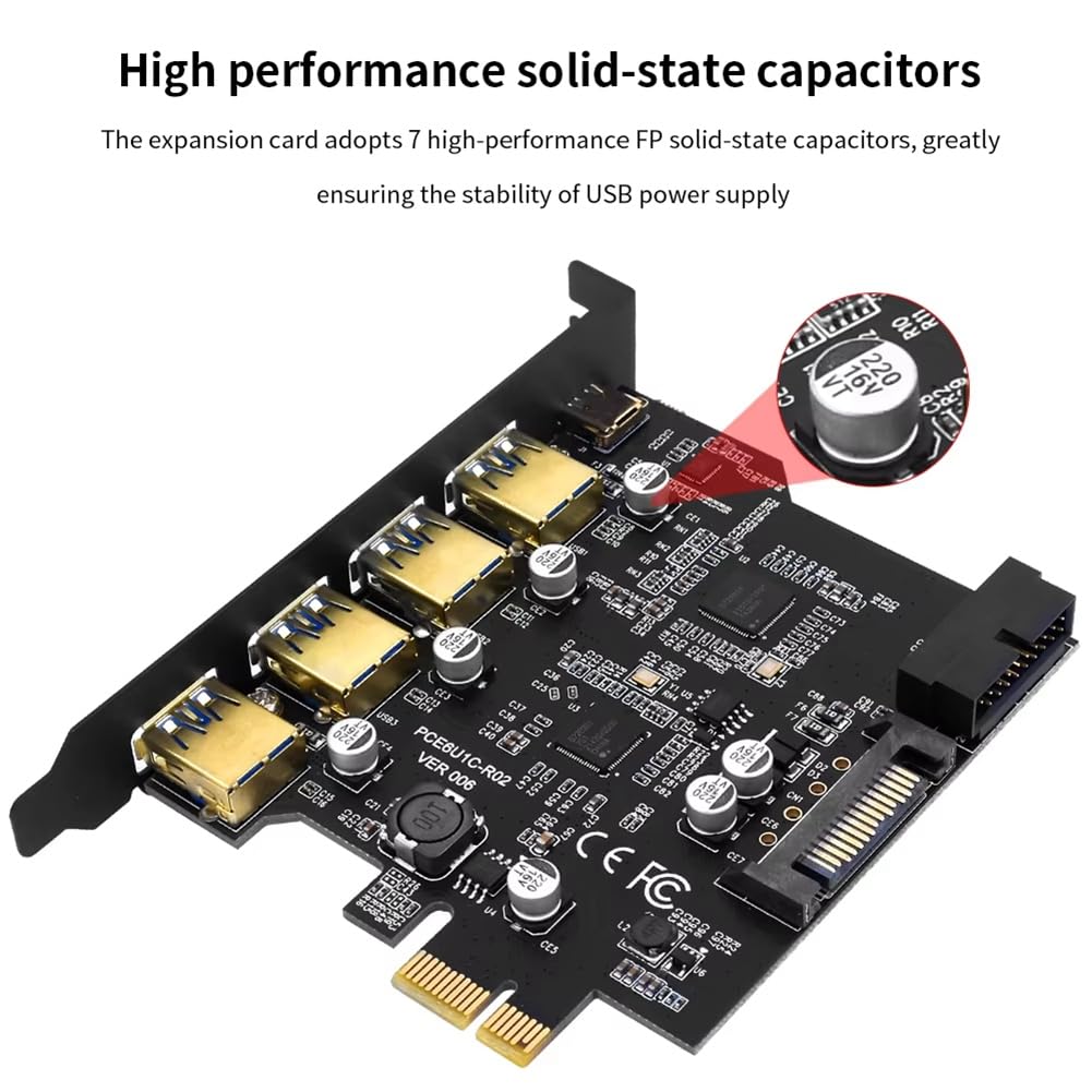 Tarjeta de Expansión PCI-e Tipo C USB 3.0, Adaptador de Tarjeta PCI-e 1x A USB 3.0, 4 Puertos USB 3.0 + 1 Puerto USB 3.1 PCI-e