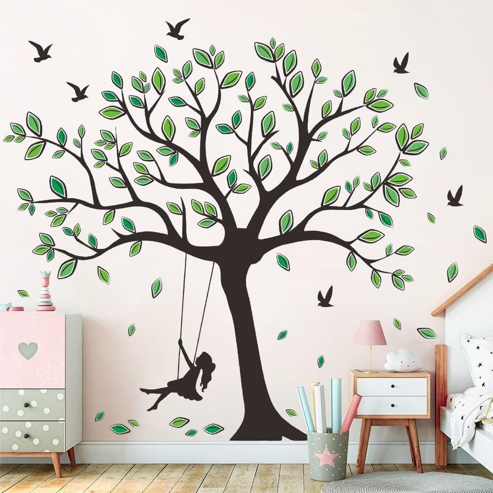 Giant Tree Wall Decal Removable Falling Green Leaves Wall Sticker DIY Peel and Stick Art Decor Black Tree Wall Sticker for Baby Kids Girls Bedroom Classroom Nursery Walls Background Decorations - Image 7