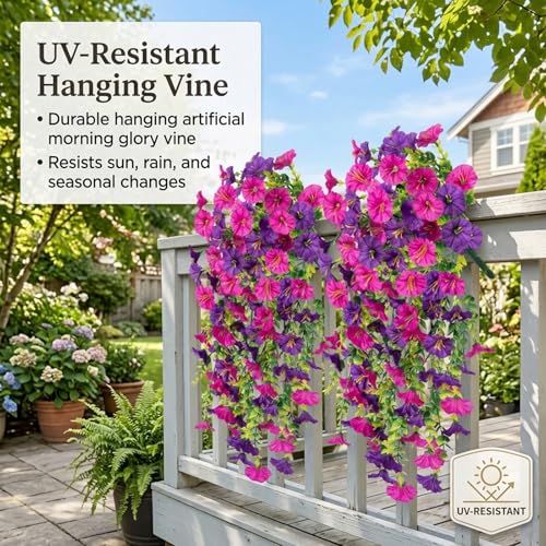 2026 New Artificial Hanging Morning Glory Flowers for Outdoors, UV Resistant Faux Flower Vine, Realistic Artificial Flowers for Patio, Porch, Garden Decor (Violet, 2PC) image 4